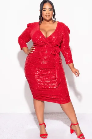 Final Sale Plus Size Confetti Dot Knit Sequin Long Sleeve Faux Wrap Sequin Ruched BodyCon Dress in Red Final Sale Plus Size Confetti Dot Knit Sequin Long Sleeve Faux Wrap Sequin Ruched BodyCon Dress in Red