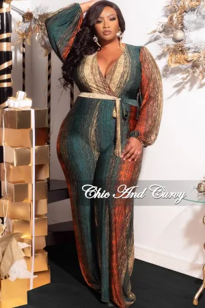 Final Sale Plus Size Deep V Jumpsuit with Tie in Back Gold Zipper in Green Gold and Orange Print Final Sale Plus Size Deep V Jumpsuit with Tie in Back Gold Zipper in Green Gold and Orange Print