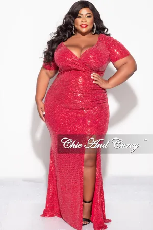 Final Sale Plus Size Evening Gown Deep V Neck Dress in Confetti Dot Knit Sequin in Red Final Sale Plus Size Evening Gown Deep V Neck Dress in Confetti Dot Knit Sequin in Red