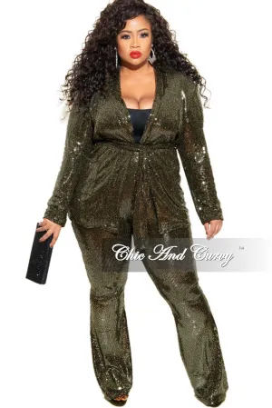 Final Sale Plus Size Faux Sequin 2-Piece Jacket & High Waist Pants Set in Gold Final Sale Plus Size Faux Sequin 2-Piece Jacket & High Waist Pants Set in Gold
