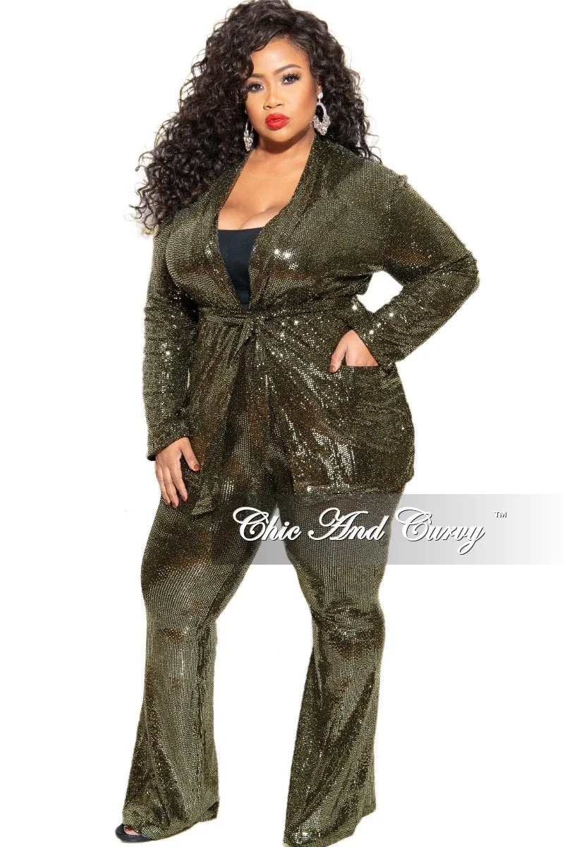Final Sale Plus Size Faux Sequin 2-Piece Jacket & High Waist Pants Set in Gold