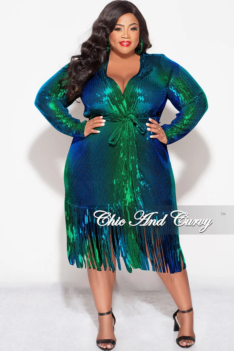 Final Sale Plus Size Faux Sequin Mermaid Duster with Belt in Green and Blue