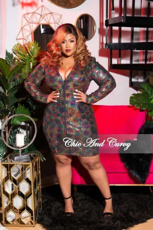 Final Sale Plus Size Faux Sequin Zip-Up Bodycon Dress in Rainbow Print Final Sale Plus Size Faux Sequin Zip-Up Bodycon Dress in Rainbow Print