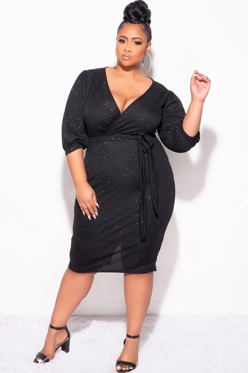 Final Sale Plus Size Faux Wrap BodyCon Dress with Waist Tie in Black Glitter