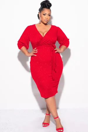 Final Sale Plus Size Faux Wrap BodyCon Dress with Waist Tie in Red Glitter Final Sale Plus Size Faux Wrap BodyCon Dress with Waist Tie in Red Glitter