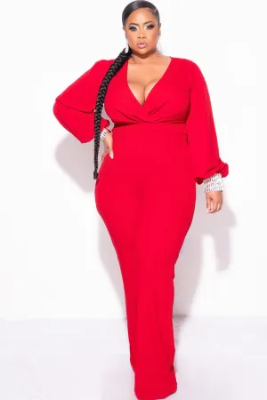 Final Sale Plus Size Faux Wrap Collar Jumpsuit with Sheer Sleeves and Rhinestone Cuffs in Red Final Sale Plus Size Faux Wrap Collar Jumpsuit with Sheer Sleeves and Rhinestone Cuffs in Red