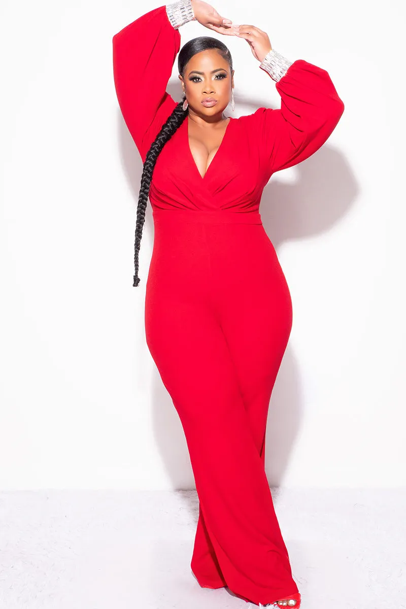 Final Sale Plus Size Faux Wrap Collar Jumpsuit with Sheer Sleeves and Rhinestone Cuffs in Red