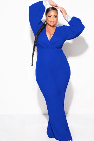 Final Sale Plus Size Faux Wrap Collar Jumpsuit with Sheer Sleeves and Rhinestone Cuffs in Royal Blue Final Sale Plus Size Faux Wrap Collar Jumpsuit with Sheer Sleeves and Rhinestone Cuffs in Royal Blue