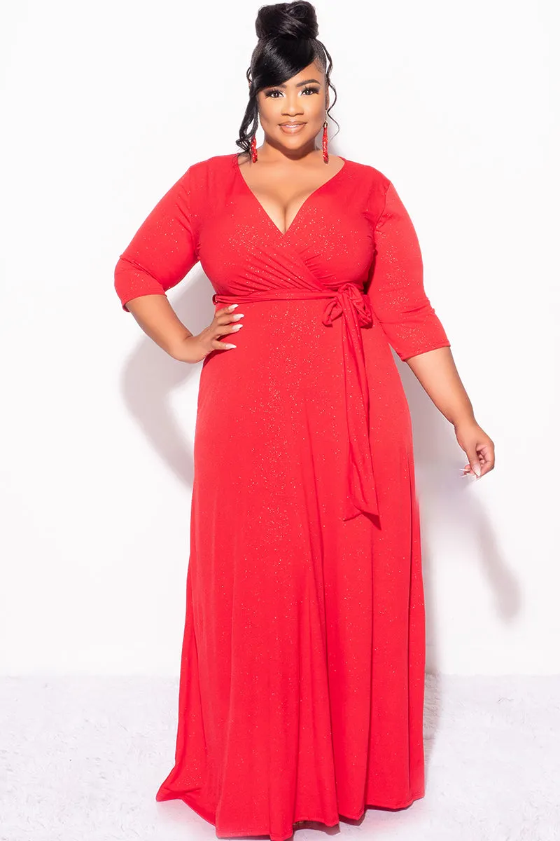 Final Sale Plus Size Faux Wrap Glitter Dress in Red