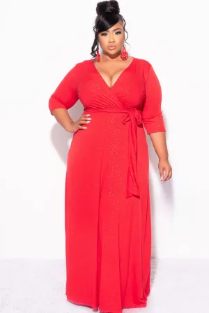 Final Sale Plus Size Faux Wrap Glitter Dress in Red Final Sale Plus Size Faux Wrap Glitter Dress in Red