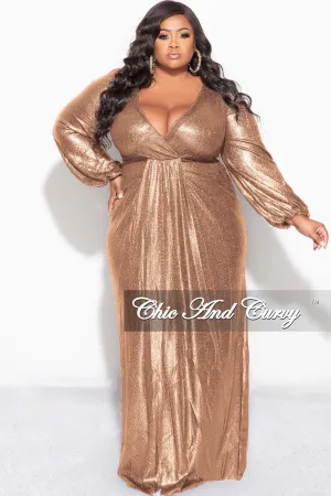 Final Sale Plus Size Faux Wrap Gown with Pleated Waist & Balloon Sleeves in Bronze Metallic Lux Fabric Final Sale Plus Size Faux Wrap Gown with Pleated Waist & Balloon Sleeves in Bronze Metallic Lux Fabric