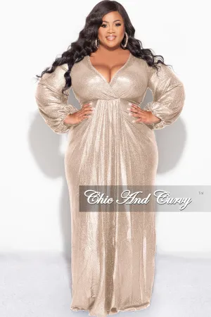 Final Sale Plus Size Faux Wrap Gown with Pleated Waist & Balloon Sleeves in Gold Metallic Lux Fabric Final Sale Plus Size Faux Wrap Gown with Pleated Waist & Balloon Sleeves in Gold Metallic Lux Fabric