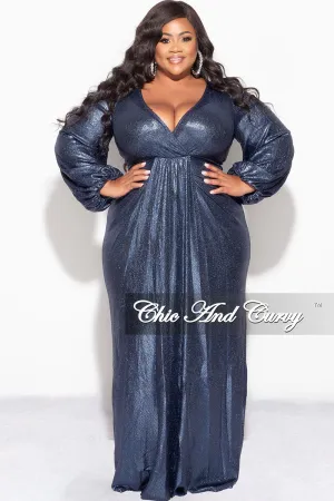 Final Sale Plus Size Faux Wrap Gown with Pleated Waist & Balloon Sleeves in Midnight Blue Metallic Lux Fabric Final Sale Plus Size Faux Wrap Gown with Pleated Waist & Balloon Sleeves in Midnight Blue Metallic Lux Fabric