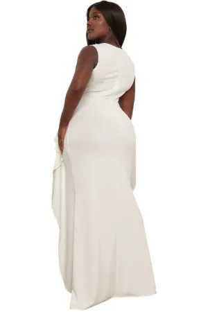 Final Sale Plus Size Faux Wrap Gown with Ruffled Slit in Ivory Final Sale Plus Size Faux Wrap Gown with Ruffled Slit in Ivory