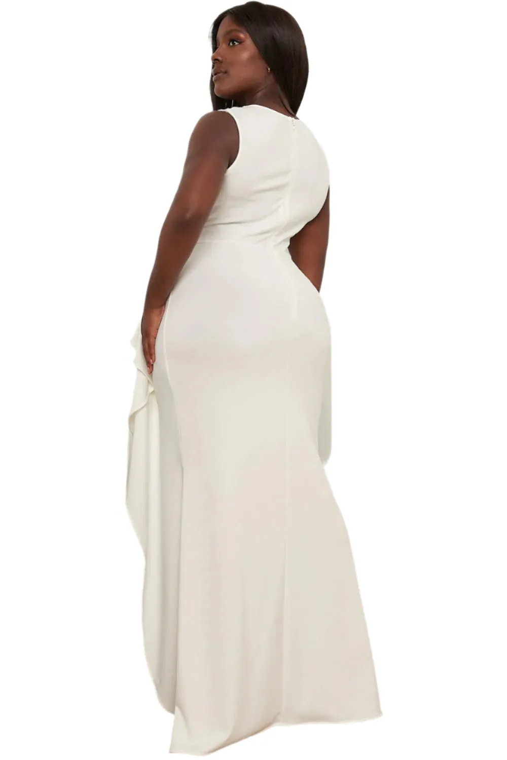 Final Sale Plus Size Faux Wrap Gown with Ruffled Slit in Ivory