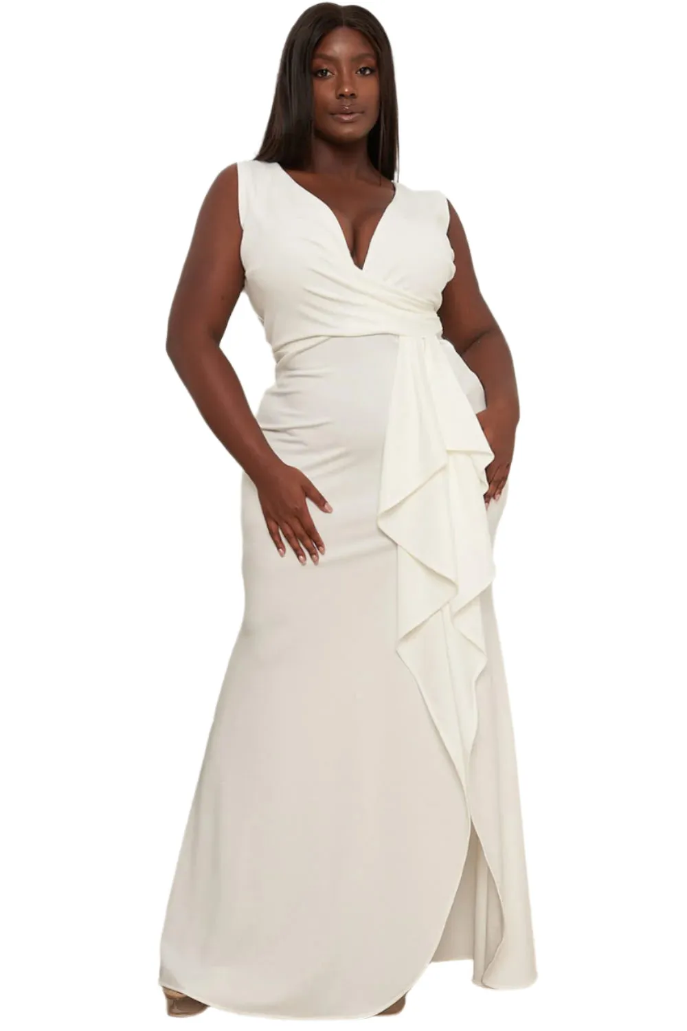 Final Sale Plus Size Faux Wrap Gown with Ruffled Slit in Ivory