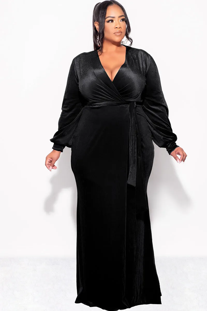 Final Sale Plus Size Faux Wrap Gown with Tie Belt in Black Velvet