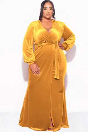 Final Sale Plus Size Faux Wrap Gown with Tie Belt in Dark Mustard Velvet Final Sale Plus Size Faux Wrap Gown with Tie Belt in Dark Mustard Velvet