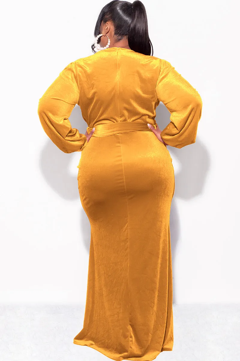 Final Sale Plus Size Faux Wrap Gown with Tie Belt in Dark Mustard Velvet