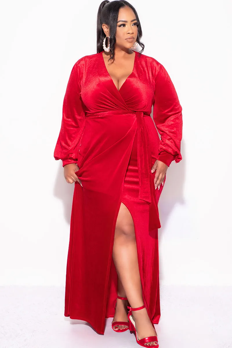 Final Sale Plus Size Faux Wrap Gown with Tie Belt in Red Velvet