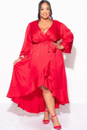 Final Sale Plus Size Faux Wrap High-Low Dress with Waist Tie in Burgundy Final Sale Plus Size Faux Wrap High-Low Dress with Waist Tie in Burgundy
