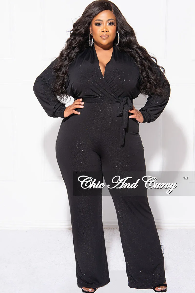 Final Sale Plus Size Faux Wrap Jumpsuit with Tie in Black Glitter
