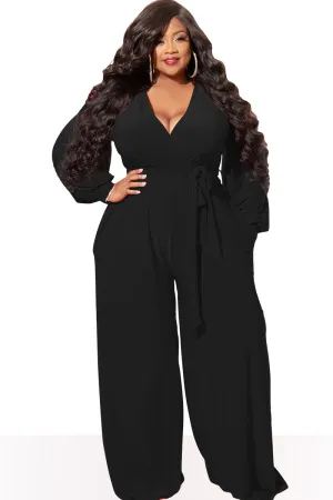 Final Sale Plus Size Faux Wrap Jumpsuit with Waist Tie in Black Final Sale Plus Size Faux Wrap Jumpsuit with Waist Tie in Black