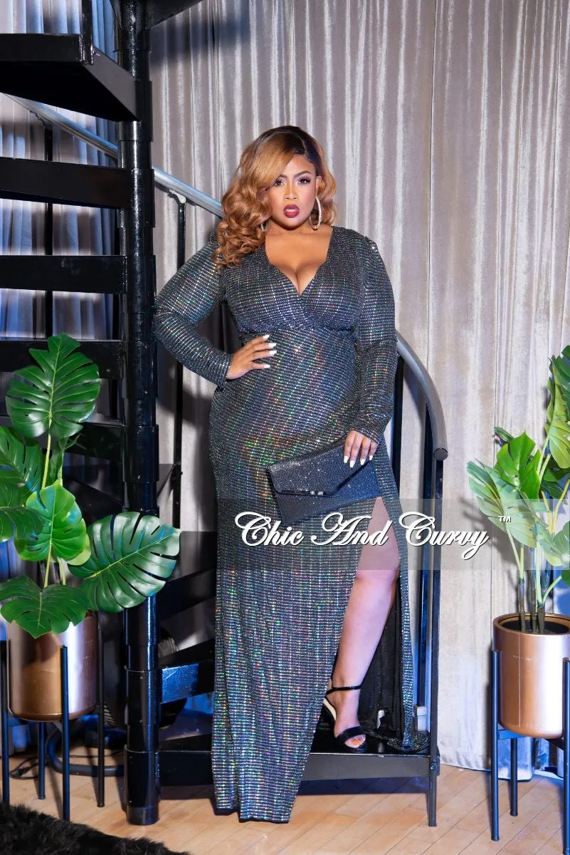 Final Sale Plus Size Faux Wrap Mirror Ball Gown in Silver Iridescent
