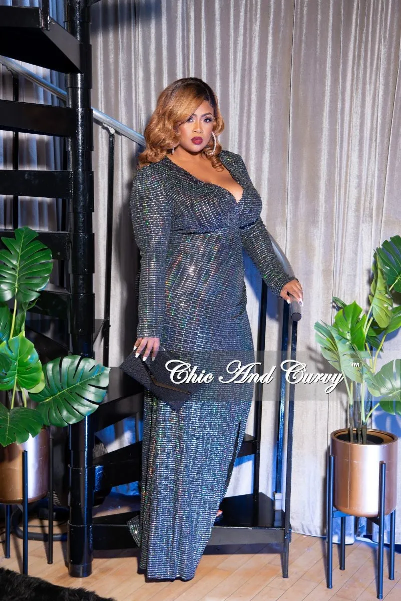 Final Sale Plus Size Faux Wrap Mirror Ball Gown in Silver Iridescent