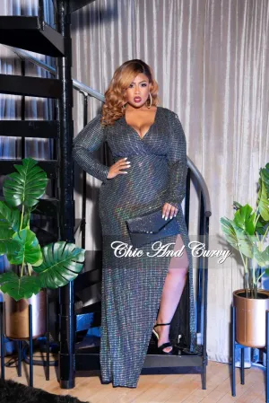 Final Sale Plus Size Faux Wrap Mirror Ball Gown in Silver Iridescent Final Sale Plus Size Faux Wrap Mirror Ball Gown in Silver Iridescent