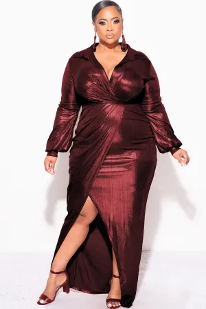Final Sale Plus Size Faux Wrap Pleated Waist Foil Dress in Wine Final Sale Plus Size Faux Wrap Pleated Waist Foil Dress in Wine
