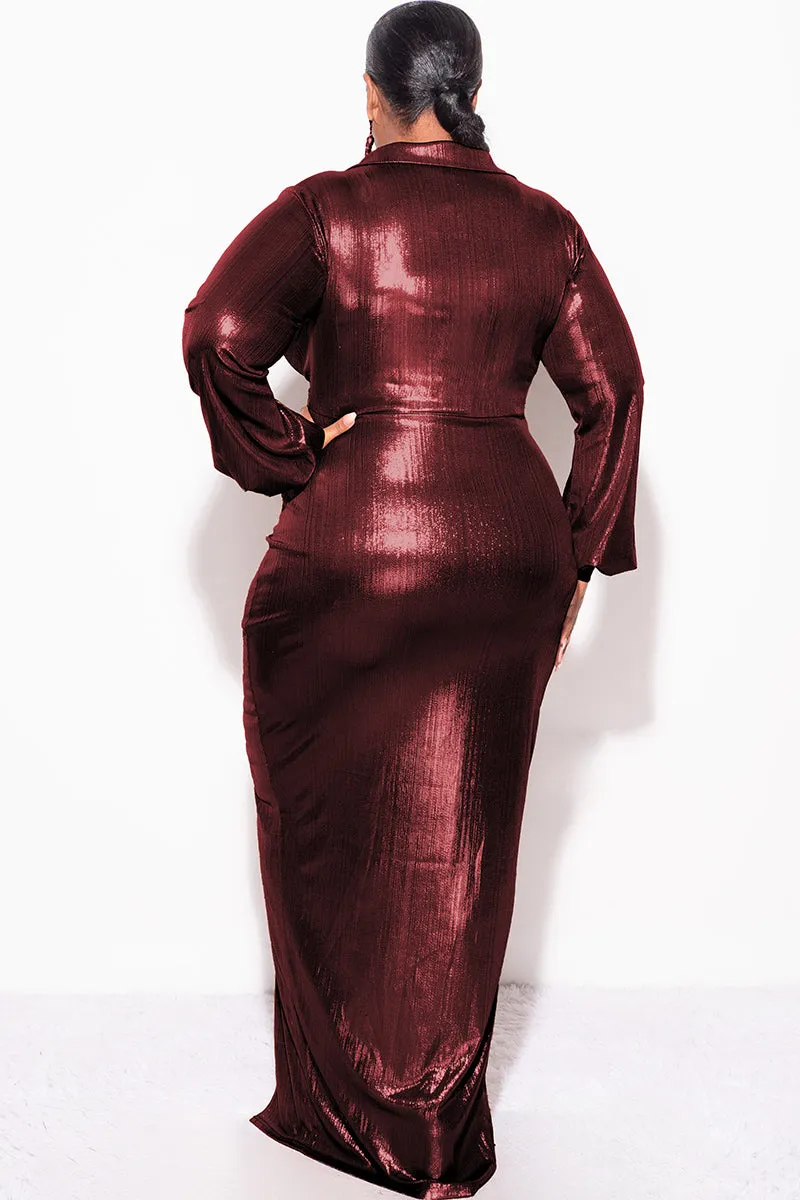Final Sale Plus Size Faux Wrap Pleated Waist Foil Dress in Wine