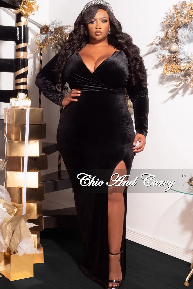 Final Sale Plus Size Faux Wrap Ruched Gown Velvet with Slit in Black