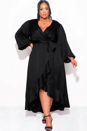Final Sale Plus Size Faux Wrap Satin High-Low Dress with Waist Tie in Black Final Sale Plus Size Faux Wrap Satin High-Low Dress with Waist Tie in Black