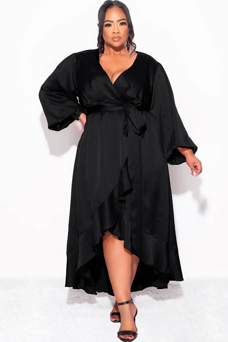 Final Sale Plus Size Faux Wrap Satin High-Low Dress with Waist Tie in Black