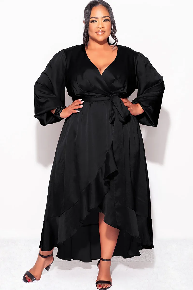 Final Sale Plus Size Faux Wrap Satin High-Low Dress with Waist Tie in Black