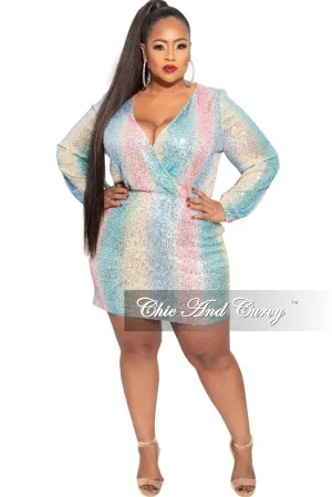 Final Sale Plus Size Faux Wrap Sequin Mini Dress in Multi Pink Blue Yellow Final Sale Plus Size Faux Wrap Sequin Mini Dress in Multi Pink Blue Yellow