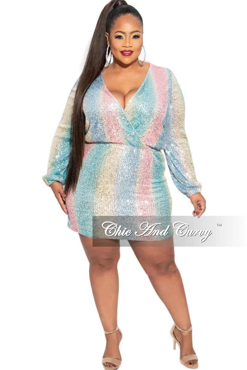 Final Sale Plus Size Faux Wrap Sequin Mini Dress in Multi Pink Blue Yellow