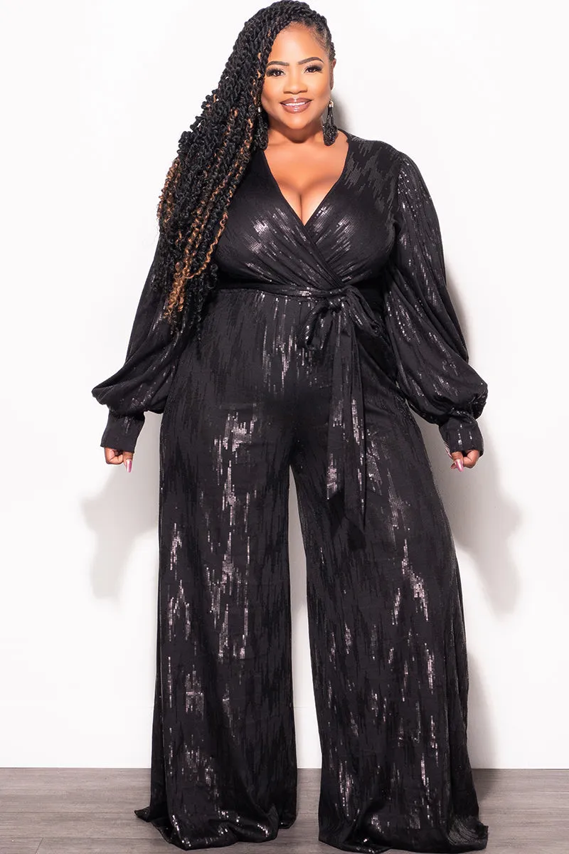 Final Sale Plus Size Faux Wrap Tie Jumpsuit in Black Faux Sequin