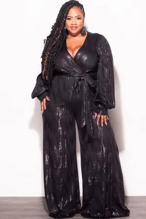 Final Sale Plus Size Faux Wrap Tie Jumpsuit in Black Faux Sequin Final Sale Plus Size Faux Wrap Tie Jumpsuit in Black Faux Sequin