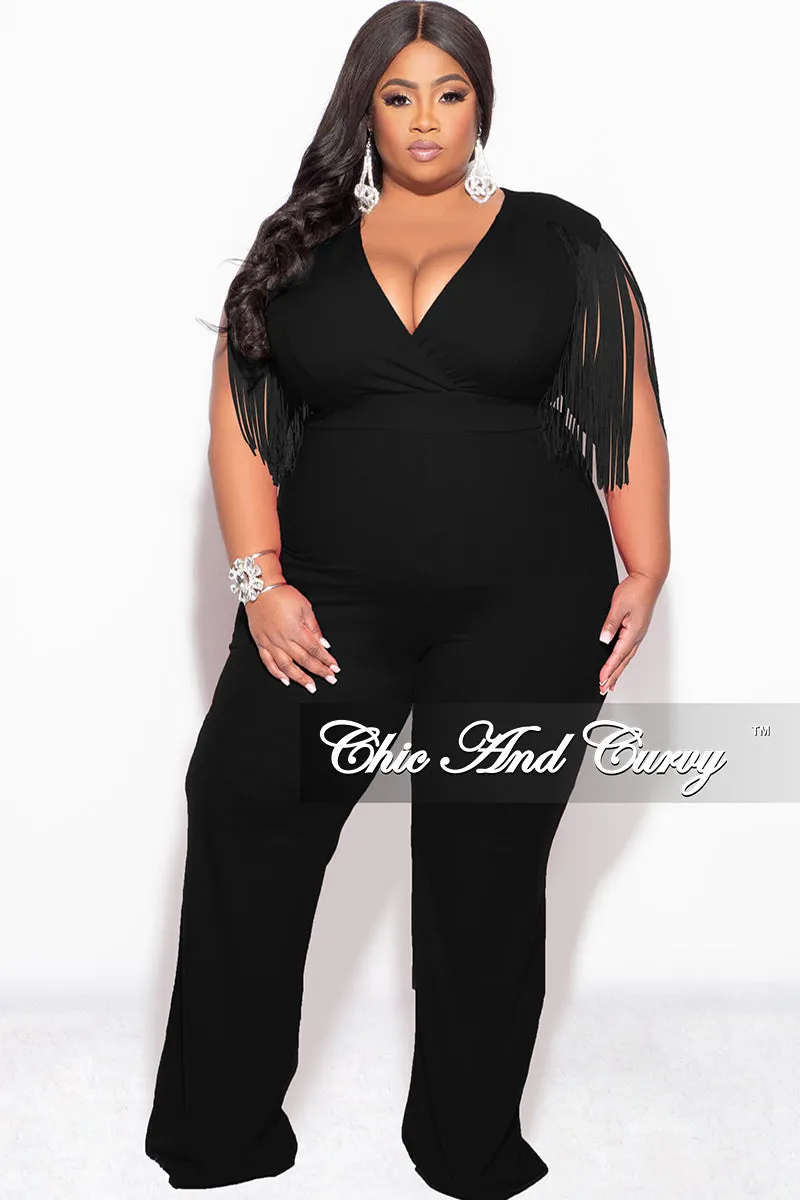 Final Sale Plus Size Fringe Shoulder Faux Wrap Jumpsuit Black