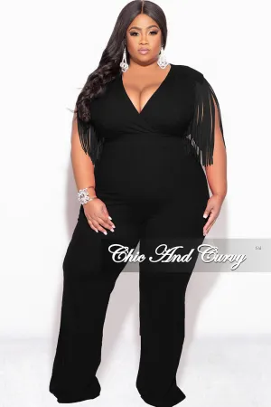 Final Sale Plus Size Fringe Shoulder Faux Wrap Jumpsuit Black