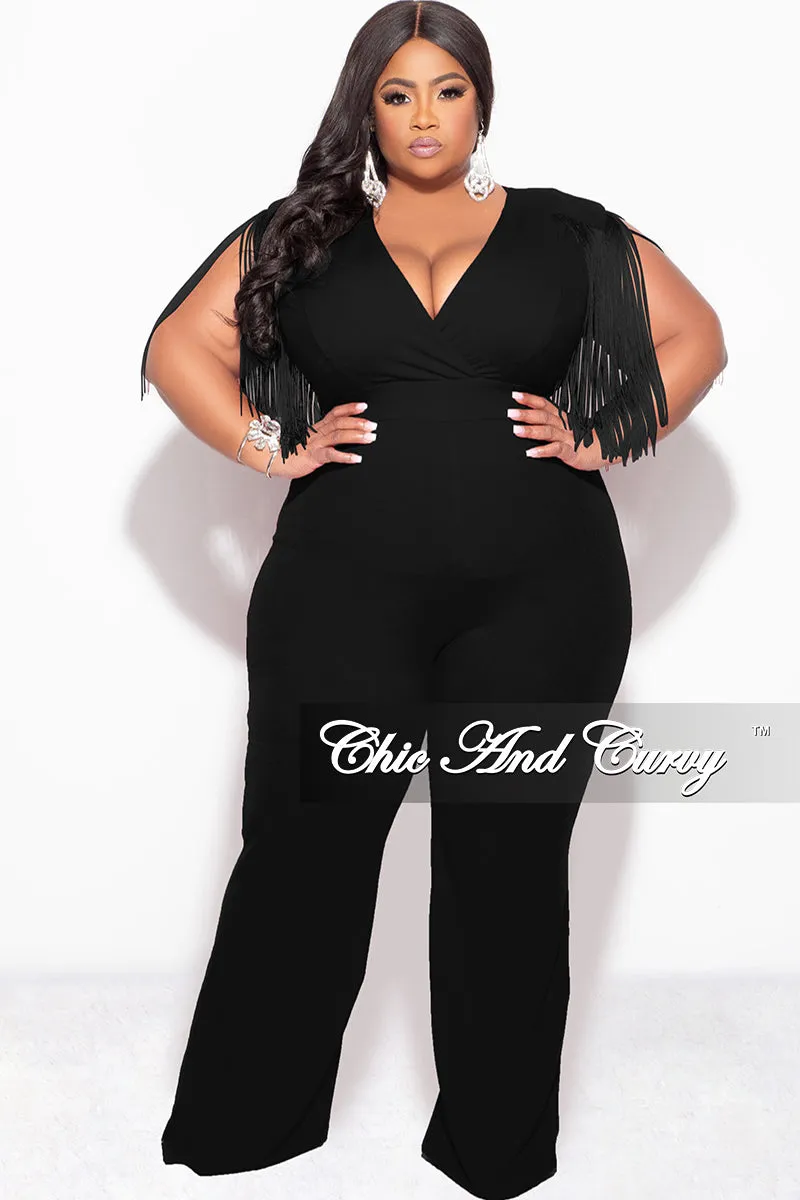 Final Sale Plus Size Fringe Shoulder Faux Wrap Jumpsuit Black