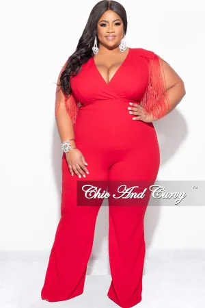 Final Sale Plus Size Fringe Shoulder Faux Wrap Jumpsuit Red Final Sale Plus Size Fringe Shoulder Faux Wrap Jumpsuit Red