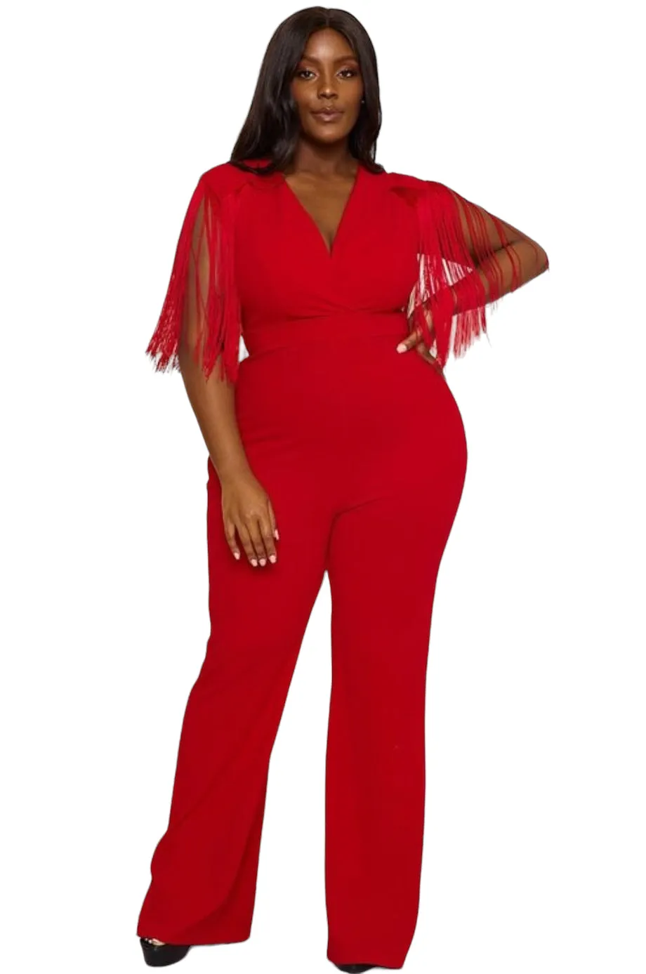 Final Sale Plus Size Fringe Shoulder Faux Wrap Jumpsuit Red