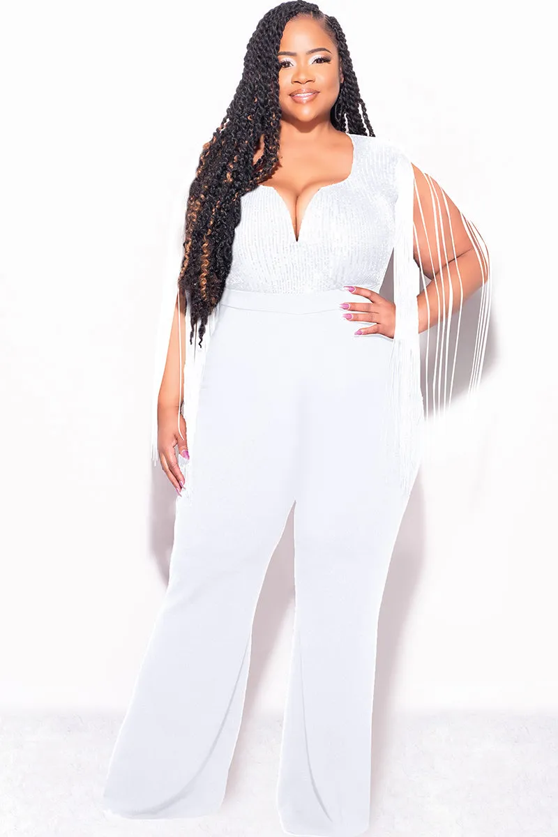 Final Sale Plus Size Fringe Shoulder Faux Wrap Sequin Jumpsuit Ivory