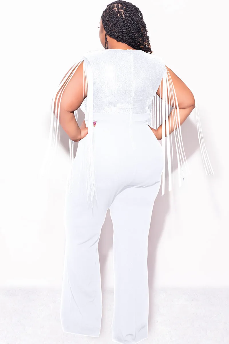 Final Sale Plus Size Fringe Shoulder Faux Wrap Sequin Jumpsuit Ivory