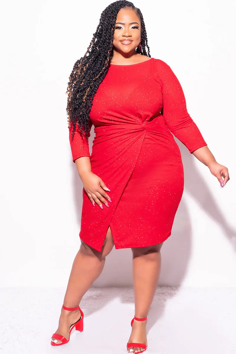 Final Sale Plus Size Glitter BodyCon with Front Overlay and Ruched Side in Red