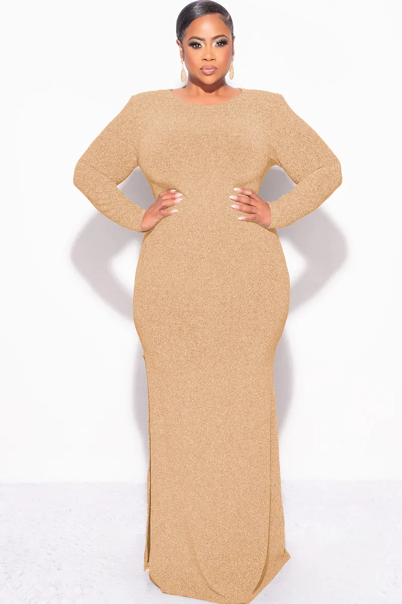 Final Sale Plus Size Gown in Gold Foil Fabric with Side Slit