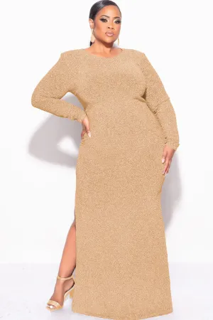 Final Sale Plus Size Gown in Gold Foil Fabric with Side Slit Final Sale Plus Size Gown in Gold Foil Fabric with Side Slit